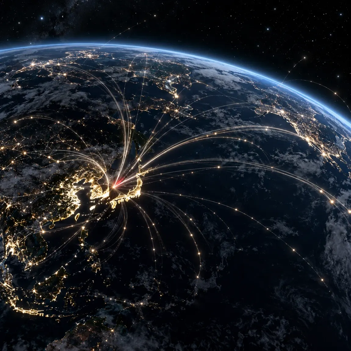 The night side of Earth from orbit, media networks threading outward from Japan and Korea across the globe